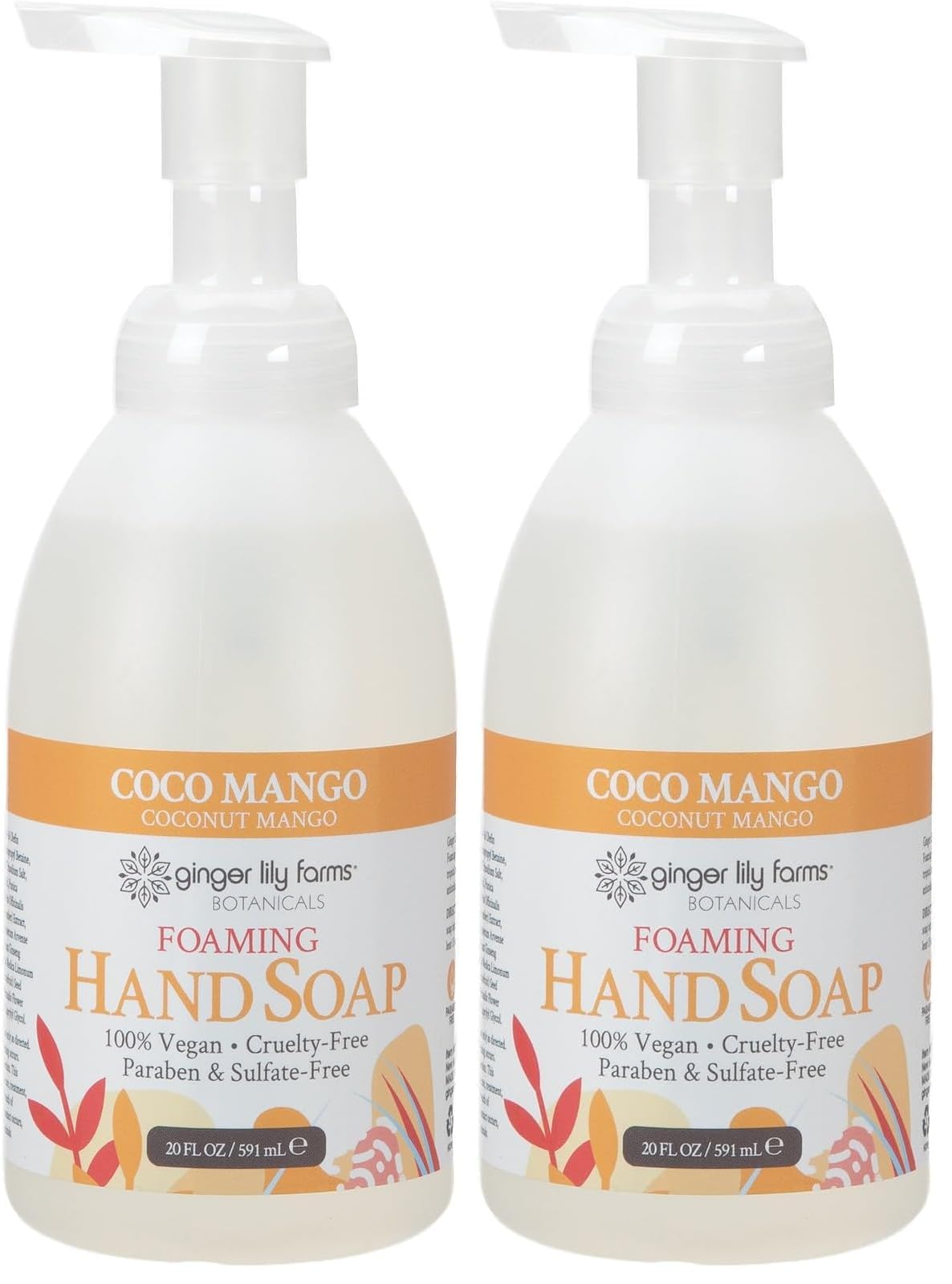 Ginger Lily Farms Botanicals All-Purpose Foaming Hand Soap Refill, Coco Mango, 100% Vegan & Cruelty-Free, Coconut Mango Scent, 20 Fl Oz (Pack of 2)