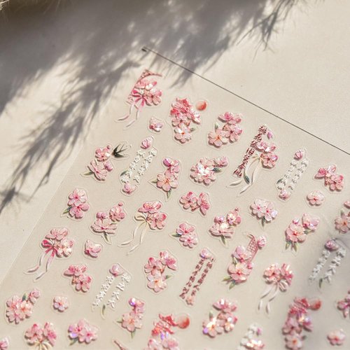 3D Spring Floral Nail Art Stickers, Pink and White Peach Pear Cherry Blossoms Design, Decorative Nail Decals (Delicate Flower)