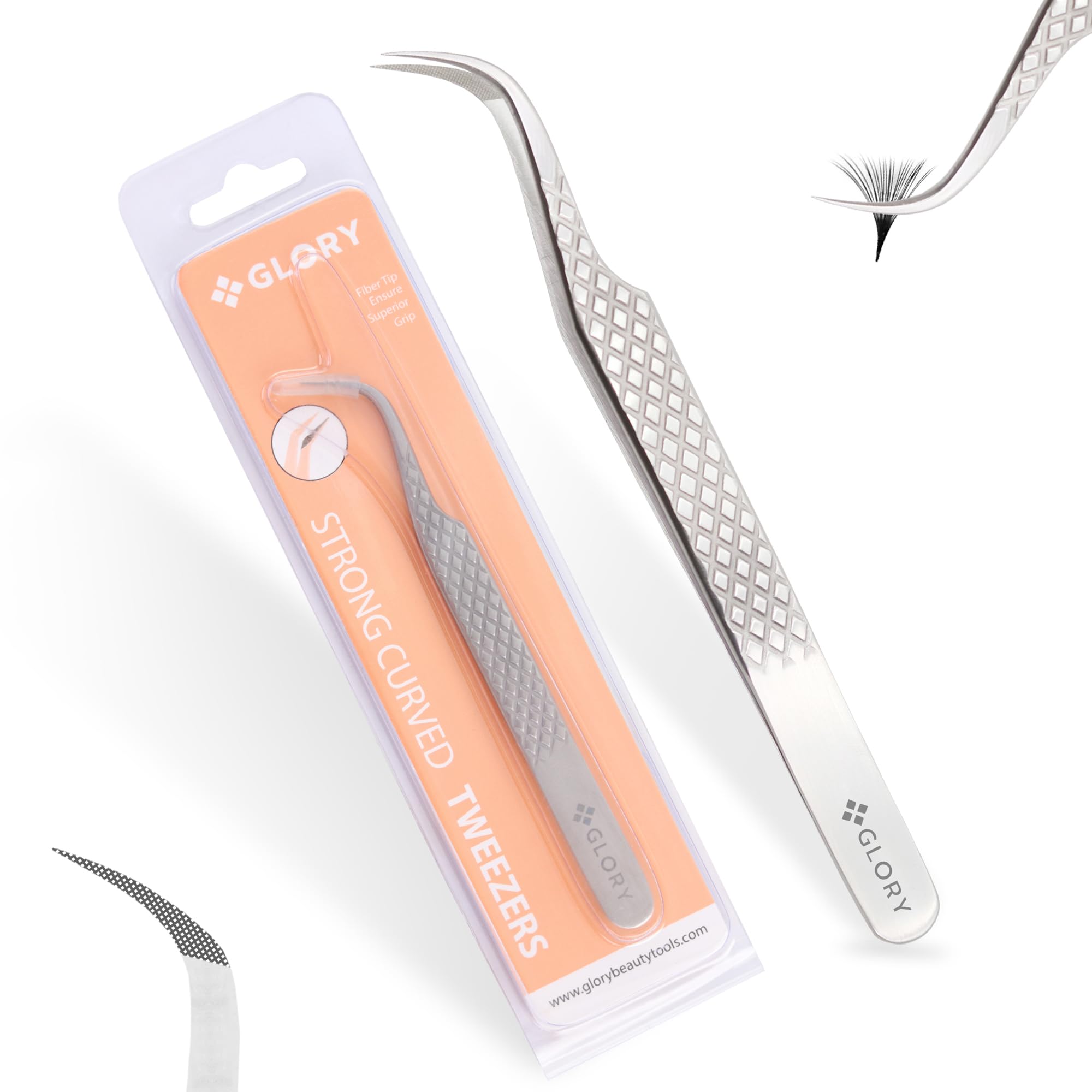 Glory Professional Curved Fiber Tip Eyelash Tweezers for Individual, Classic & Volume Diamond Grip Stainless Steel Precision Lash Extension Curved Tweezers for Multi Purpose