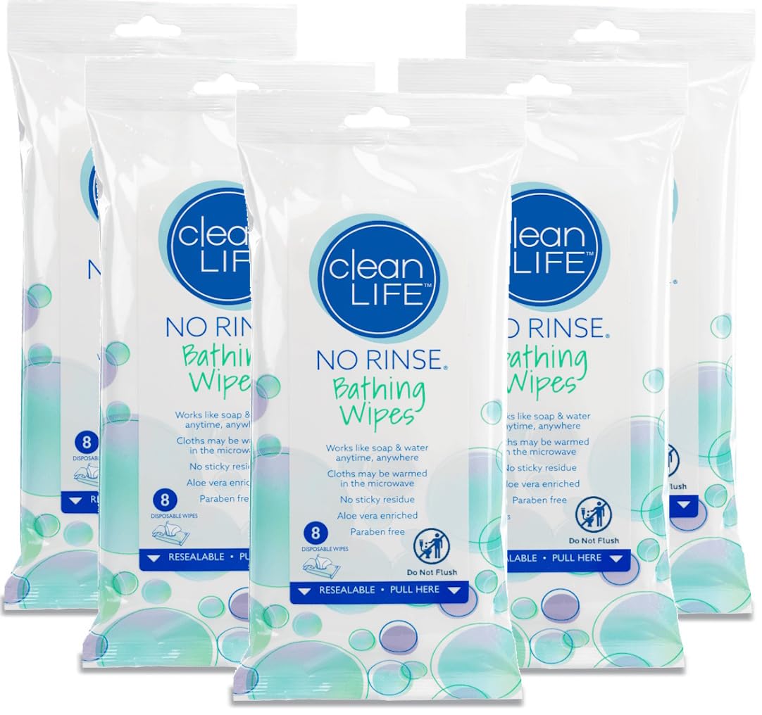 Cleanlife No-Rinse Bathing Wipes (5 Packs of 8) - 40 Disposable Body Wipes | Cleansing Bath Wipes for Adults, Elderly, Camping, Hospital | Rinse Free Personal Care for Travel, Bedridden, Dementia