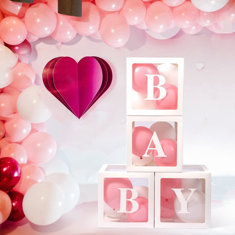 Voircoloria Baby Boxes with Letters, 4 Transparent Balloon for Gender Reveal Birthday Wedding Baby Shower Decorations (White)