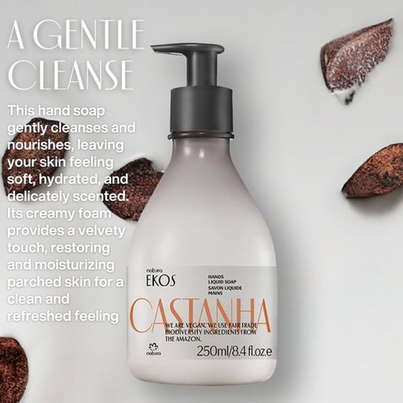 Natura -Brazil Nut (Castanha) Renourishing Liquid Hand Soap - Anti-Dryness - Coconut Derived Cleanser - Vegan Skin Care - Brazilian Beauty Secrets - Self Care & Body Care - 8.4 fl oz (250ml)