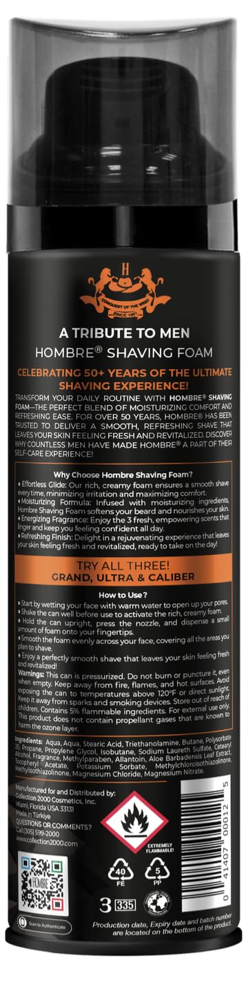 HOMBRE Grand Shave Foam for Men | Citrus Marine Woody Scent | Smooth Glide & Comfort | Aluminum-Free Formula 200 ml (Pack of 1)