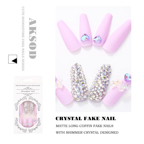 Aksod Glossy Purple Press on Nails Long Coffin Fake Nails Glitter Crystal Rhinestone Ballerina False Nails Full Cover Acrylic Nails Sets for Women and Girls 24Pcs (C)
