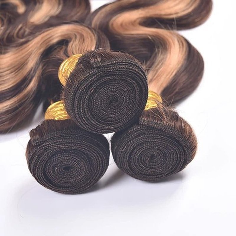GLSMOSNW Highlight Body Wave Bundles P4/27 Human Hair Bundles 20 22 24 Inch Unprocessed Brazilian Virgin Human Hair Extensions Two Tone Brown And Blonde Ombre Bundle