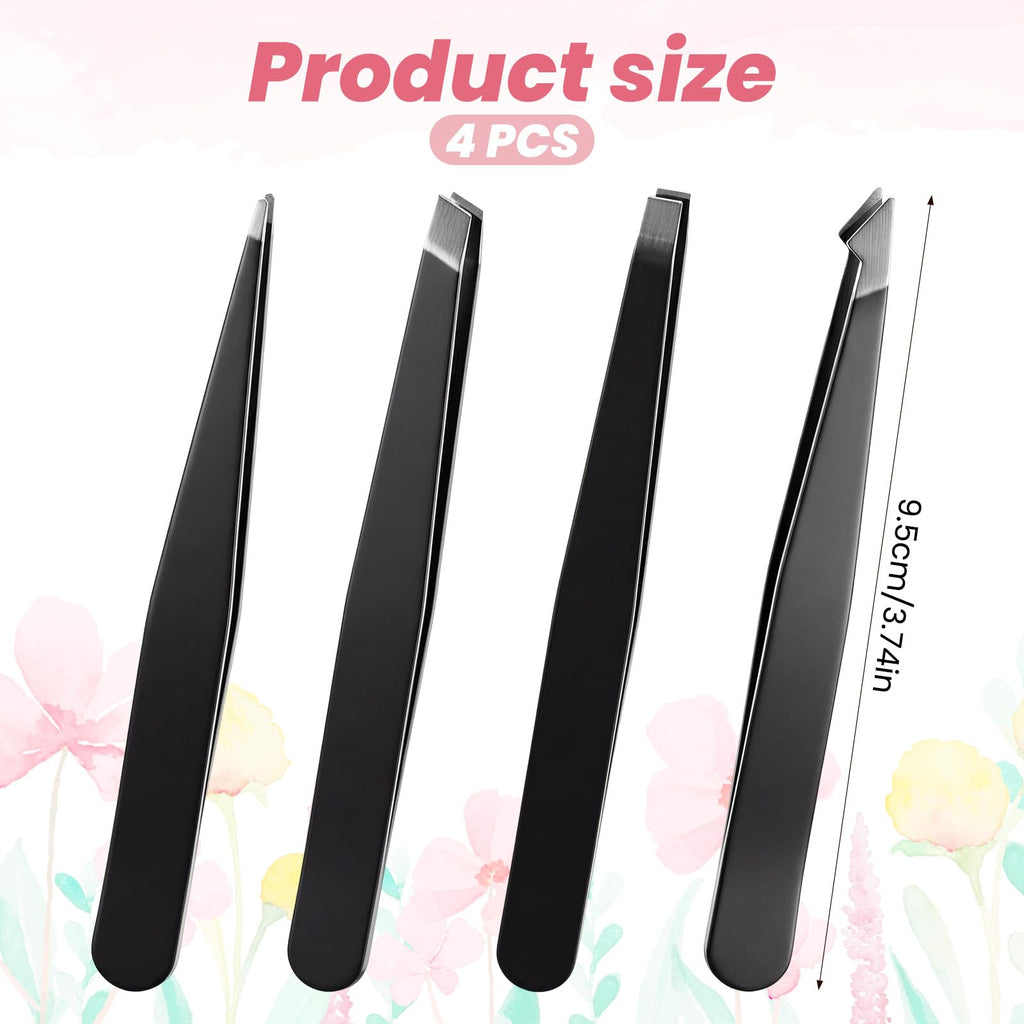 4 Pack Tweezers for Eyebrows, Stainless Steel Pointed Tip Ingrown Hair Removal Tweezers Black Precision Tweezer Set for Women Men Precision for Eyebrows Facial Ingrown Hair and Splinter Removal