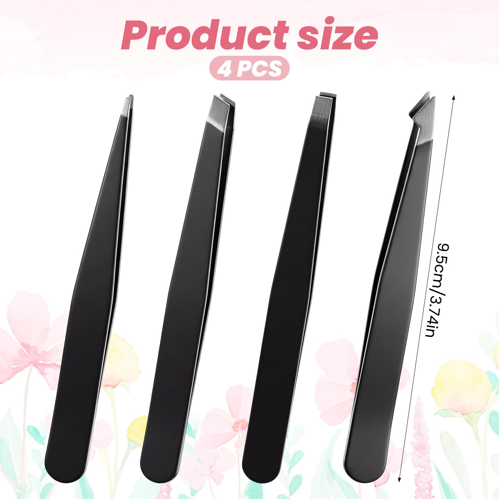 4 Pack Tweezers for Eyebrows, Stainless Steel Pointed Tip Ingrown Hair Removal Tweezers Black Precision Tweezer Set for Women Men Precision for Eyebrows Facial Ingrown Hair and Splinter Removal