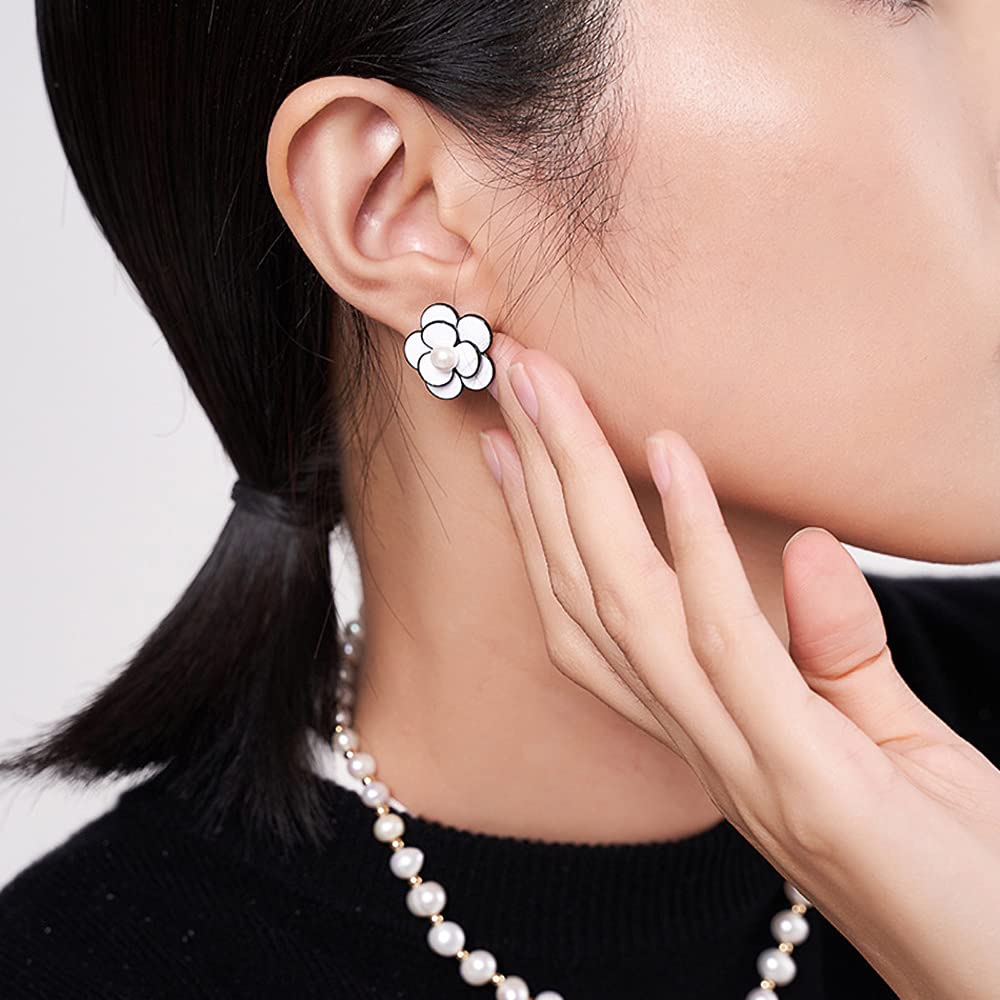White Red Rose Flower with Shell Beads Stud Earrings
