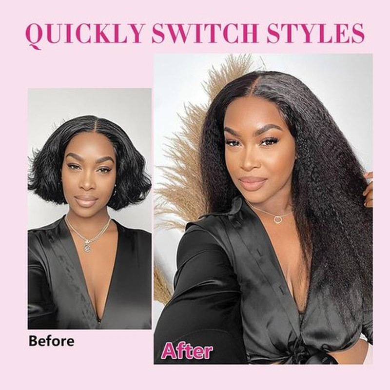 Larhali Kinky Straight V Part Wig Human Hair with Drawstring 200% Density Upgrade Glueless U Part Wig No Leave Out No Sew In V Part Wigs Kinky Straight Human Hair Wigs 18 Inch