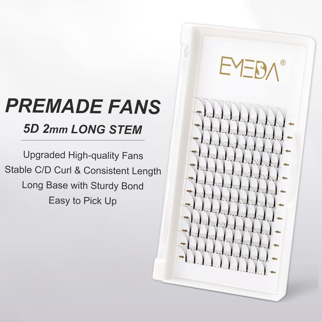 EMEDA Premade Fans eyelash extensions Mixed Tray, Long Stem Pre Made Fanned Russian Volume Lash Extensions 5D .10 d curl 9-15mm Mix Tray