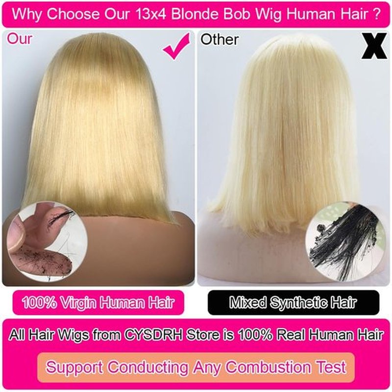 CYSDRH Blonde Bob Wig Human Hair 13x4 HD Lace Frontal Glueless Wigs Human Hair for Black Women 180 Density Pre Plucked 100% Brazilian Virgin Blonde Wigs Human Hair - 10 Inch Skinlike 613 Bob Wig