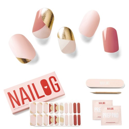 NAILOG Semi Cured Gel Nail Strips, 20Pcs Nude Pink Gold Lasting Gel Nail Stickers, Salon Quality Easy Apply & Remove Works with Any UV/LED Nail Lamps, Belle Epoque