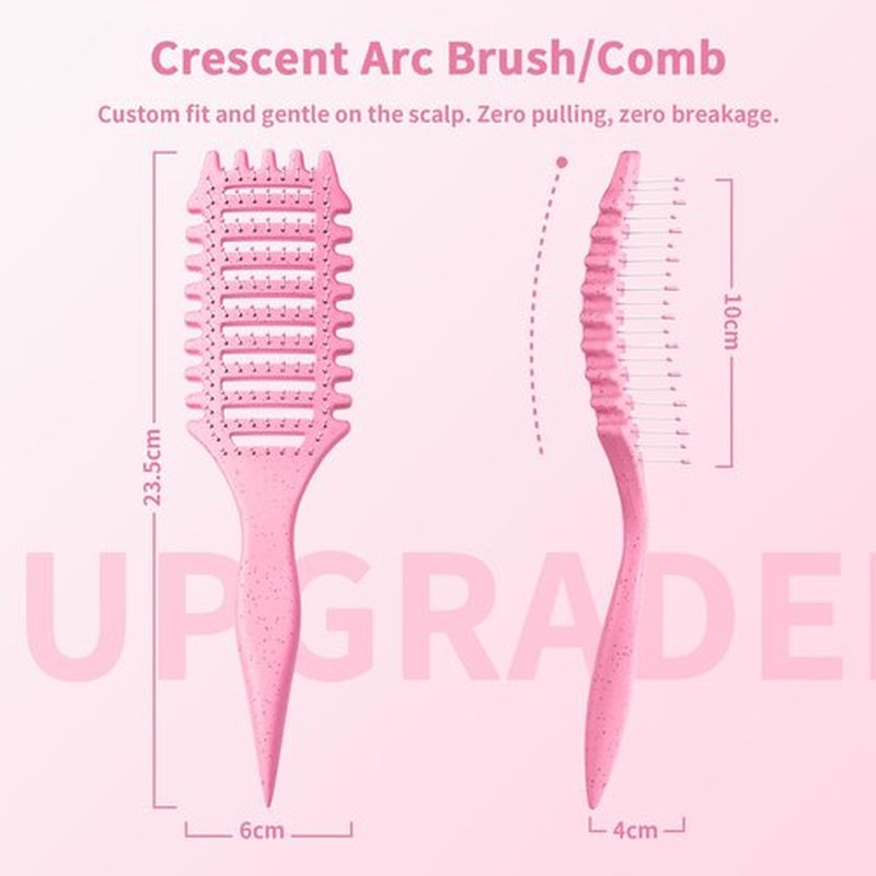 Curly Hair Brush for Women & Men, 4-in-1 Curl Defining & Detangling Brush – Anti-Frizz Anti-Static Styling Brushes with Crescent Shape & Ultra-Smooth Bristles, Wet Dry Hairbrush (Pink)