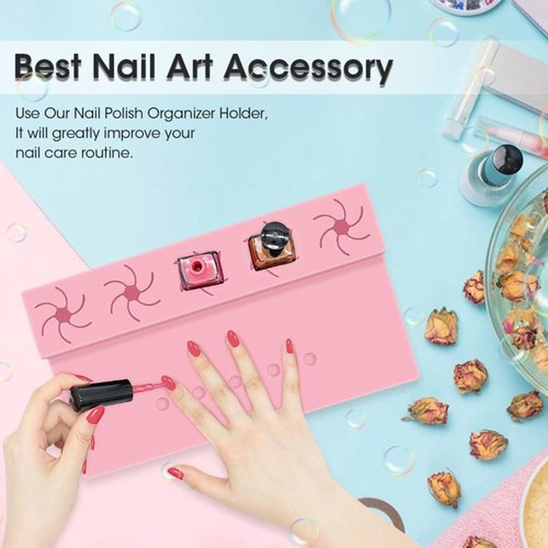Mydrissu Nail Polish Holder,Silicone Hand Rest Mat Fingernail Painting Tools 2 in 1 Art Accessories Organizer Case Set with Anti-Spill Bottle Stand and Finger Separators for Pedicure Manicure(Pink)
