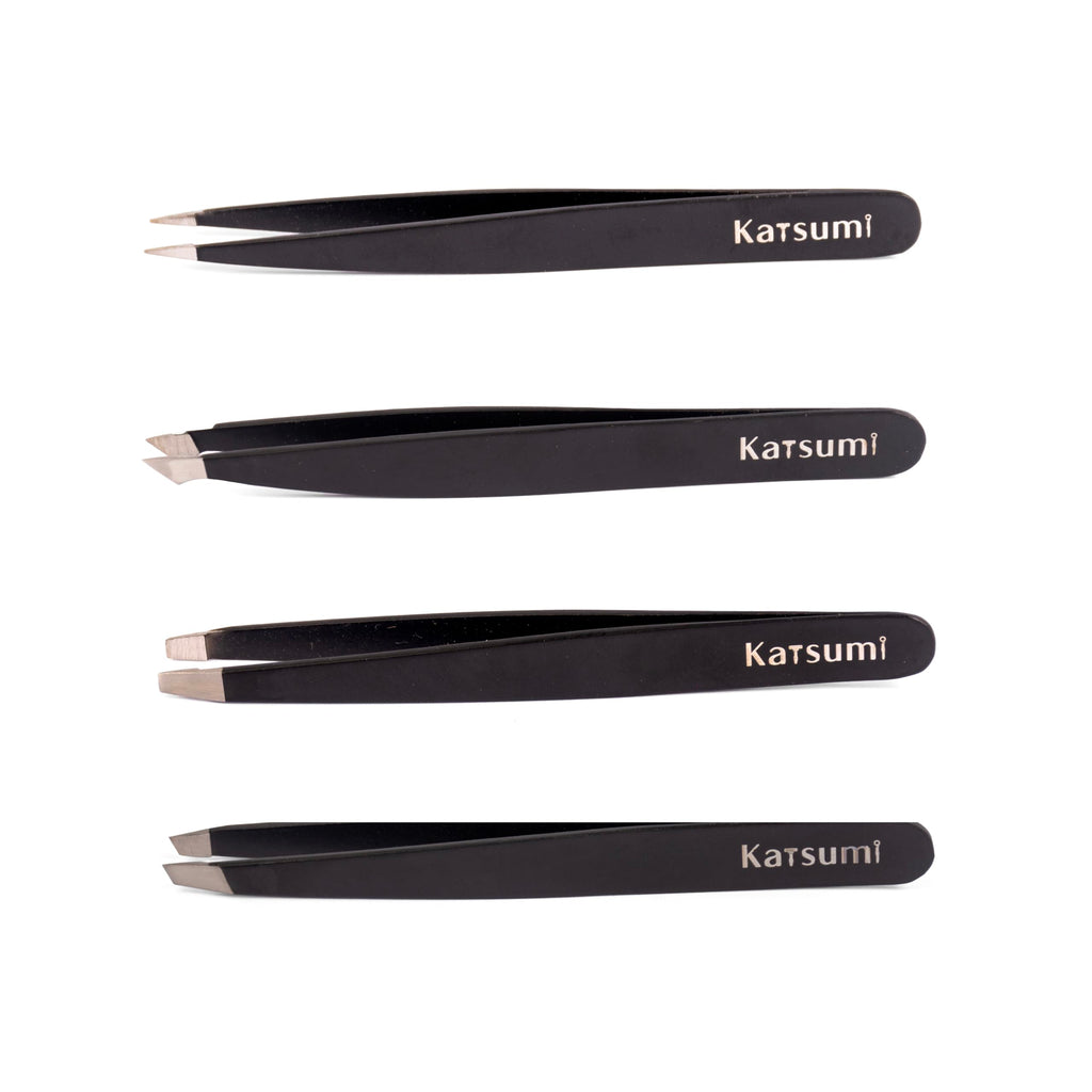Katsumi Pinnacle 4-Piece Tweezers Set – Precision Stainless Steel Tweezers for Eyebrows, Facial Hair, Ingrown Hair, Splinters, Hair removal Tweezer for Men & Women, Professional Tweezer Kit (Black)