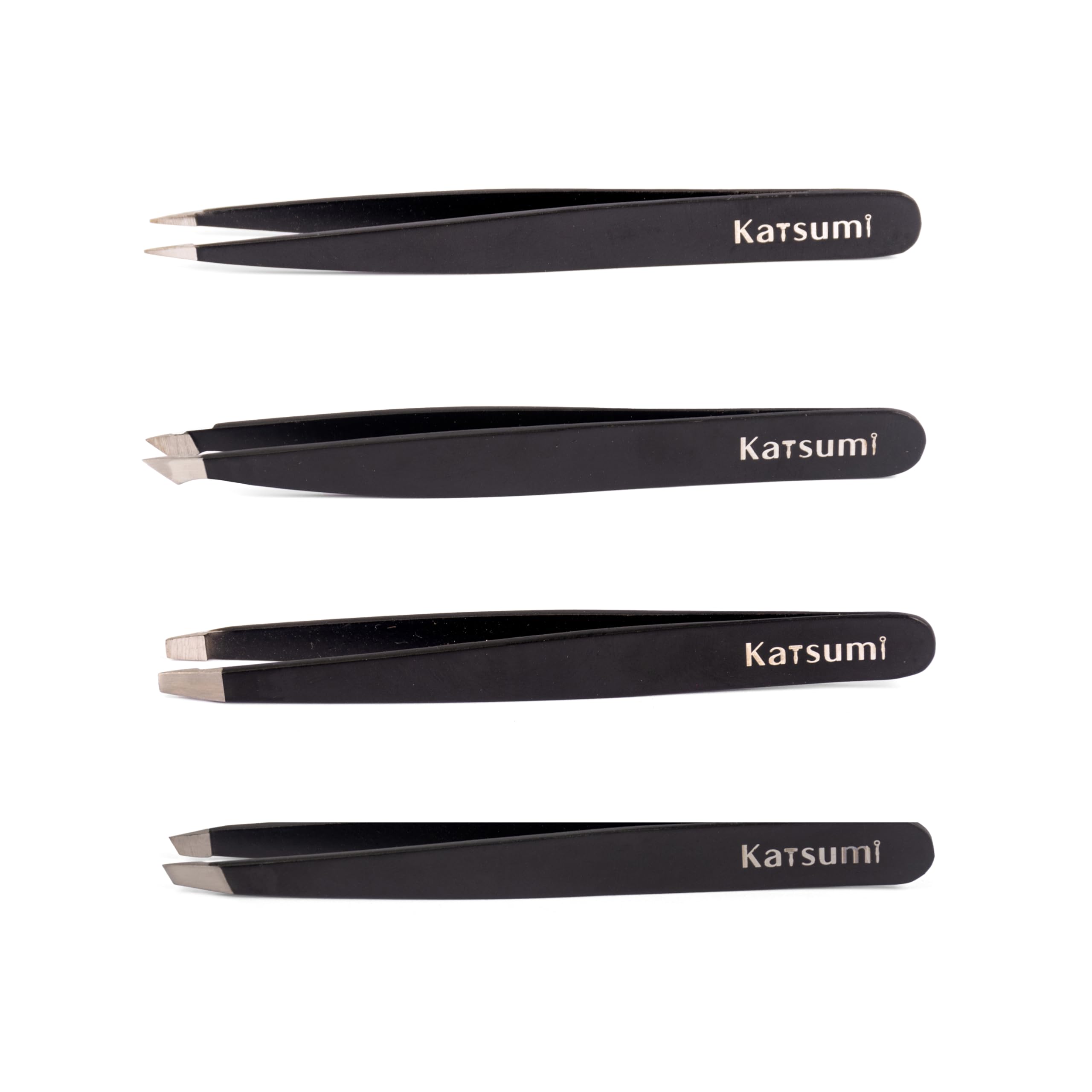 Katsumi Pinnacle 4-Piece Tweezers Set – Precision Stainless Steel Tweezers for Eyebrows, Facial Hair, Ingrown Hair, Splinters, Hair removal Tweezer for Men & Women, Professional Tweezer Kit (Black)