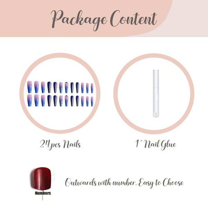 BABALAL Coffin Press on Nails Long Fake Nails with Nail Glue Blue Purple Glue on Nails 24Pcs Glitter Acrylic Nails Ballerina Stick on Nails