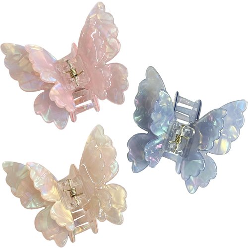 PandaPetals Butterfly Hair Clips 2.6 inch Medium Cute Hair Claw Clips for Women Girls Styling - 3 Pack (Blue + Yellow + Pink)