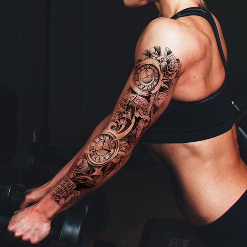 Kotbs 6 Sheets Large Flower Temporary Tattoo Sleeves for Women, Realistic Clock and Rose Design, Fake Sleeve Tattoos for Cosplay, Halloween, and Festivals