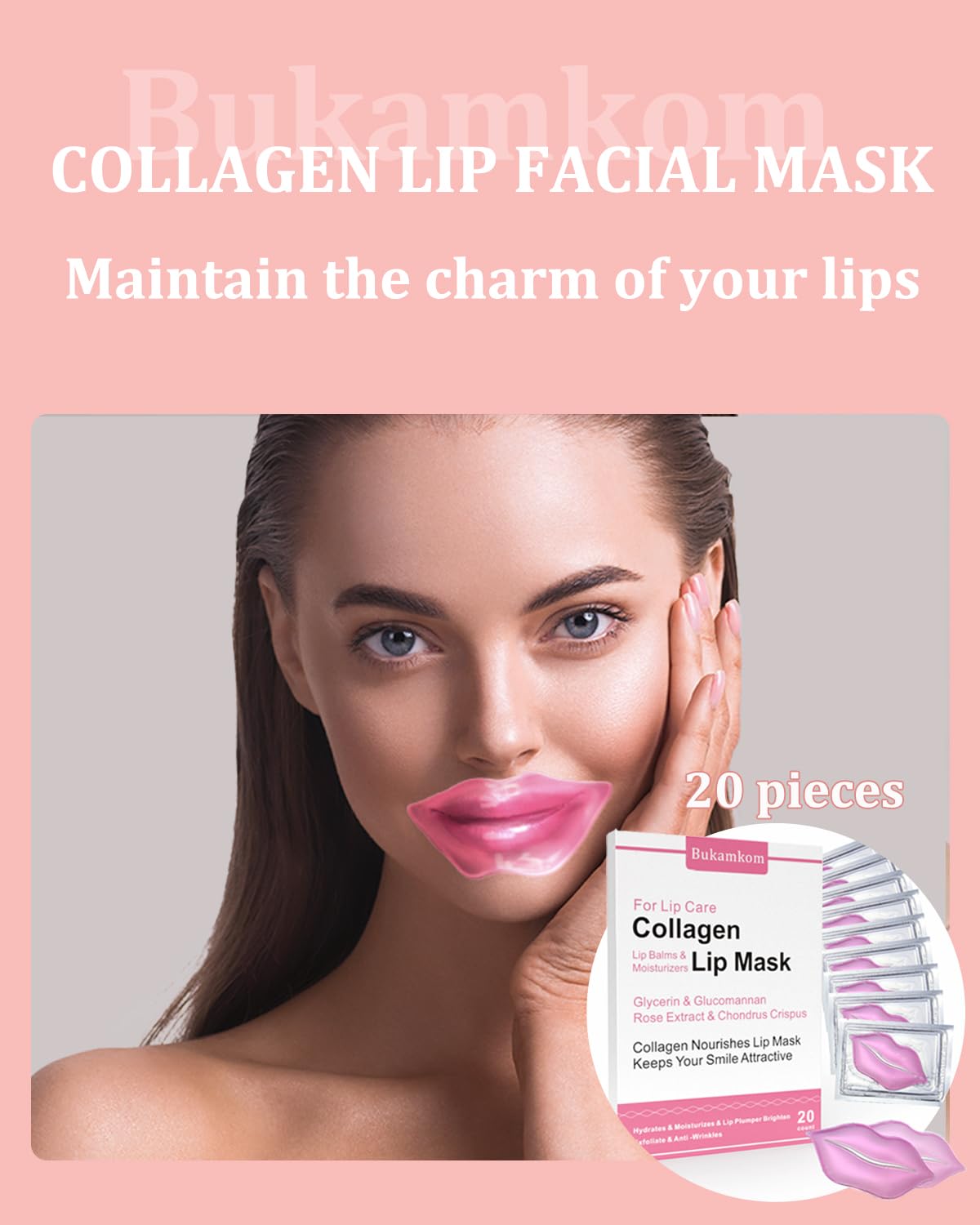 Bukamkom Collagen Lip Masks Bulk(20 Pieces/Box),Lips Mask Sheet to Reduce Dark Lips to Remove Dead Skin Moisture,Bulk Lip Masks Individually Wrapped