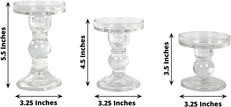 Efavormart Glass Pillar Candle Holders Set - Premium Clear Design with Round Tray | 3.5", 4.5", 5.5" Sizes