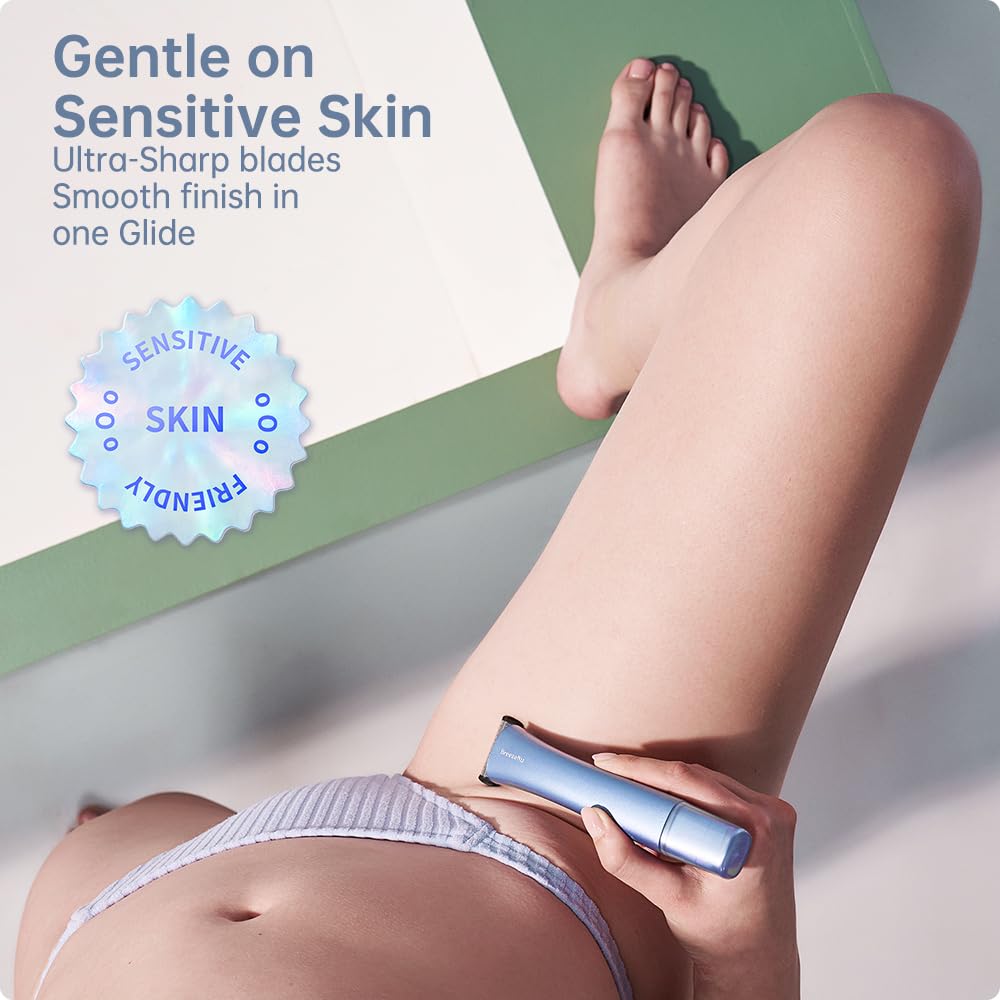 BreezeNu Bikini Trimmer for Women, 2-in-1 Painless Electric Razor with Dual Heads, IPX7 Waterproof Cordless Body & Facial Shaver for Pubic Hair, Underarms, Legs & Face, Wet & Dry (Blue)