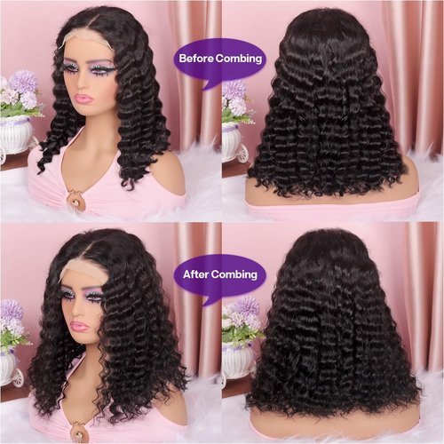 omswet Curly BOB Wig Human Hair 200 Density 5x5 HD Lace Closure Deep Wave Wigs for Black Women Glueless Wear and Go Pre Plucked Deep Wave Wet and Wavy Glueless Wigs Human Hair Natural Black 14 Inch