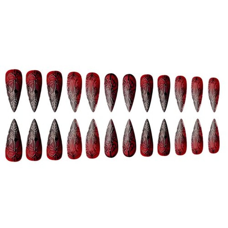 Halloween Press on Nails Medium Stiletto Almond Nails Press ons Black Red Fake Nails Full Cover Glossy Stick on Nail 3D Terror Stripe with Designs Glue on False Nail for Women 24Pcs