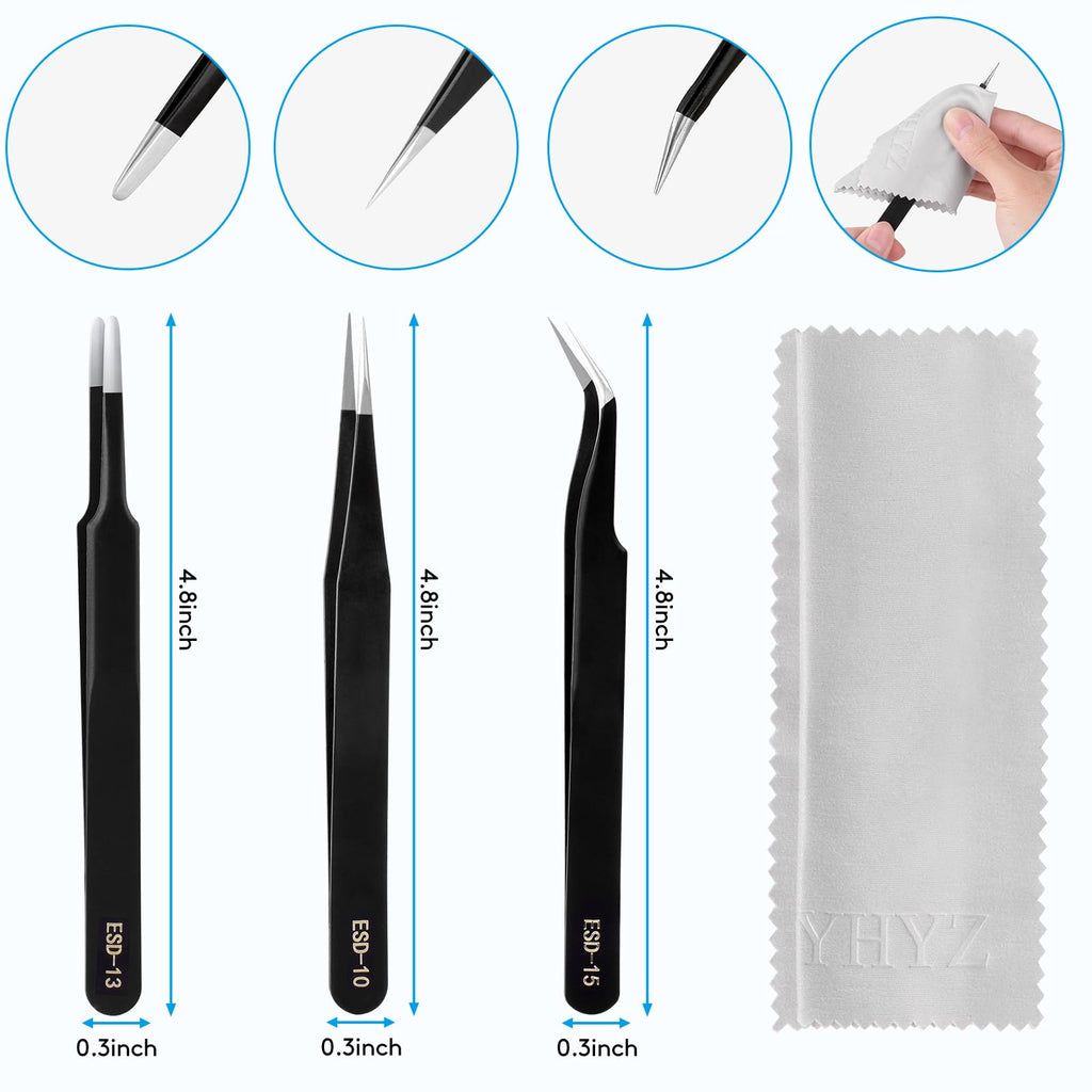 YHYZ 3PCS Precision Tweezers Set, Premium Stainless Steel Anti-Static ESD Tweezes, Suitable for Tweezers, for Craft, Electronic, Soldering, Model, Hobby, Jewelry Making Laboratory