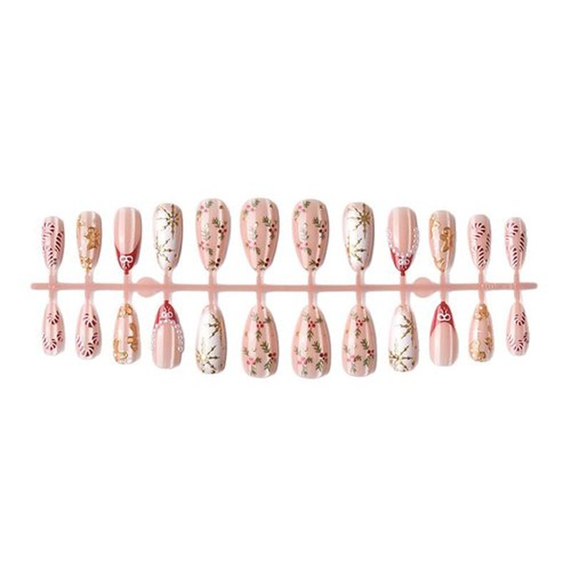 Christmas Press On Nails Medium Almond Fake Nails Press Ons With 3D Pearl Gold Gingerbread Man Design French Bow Holiday False Nails Xmas Candy Winter Snowflake Acrylic Glue On Nails For Women Girls