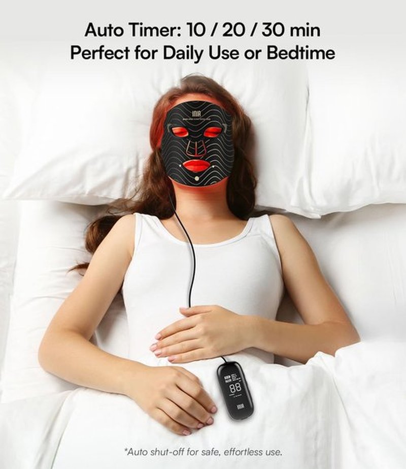 INIA Red Light Therapy Mask for Face – 4 Light Modes with 850nm NIR, Red & Blue LED Light Therapy, 2600mAh Rechargeable LED Face Mask for Radiant Glow at Home, Black