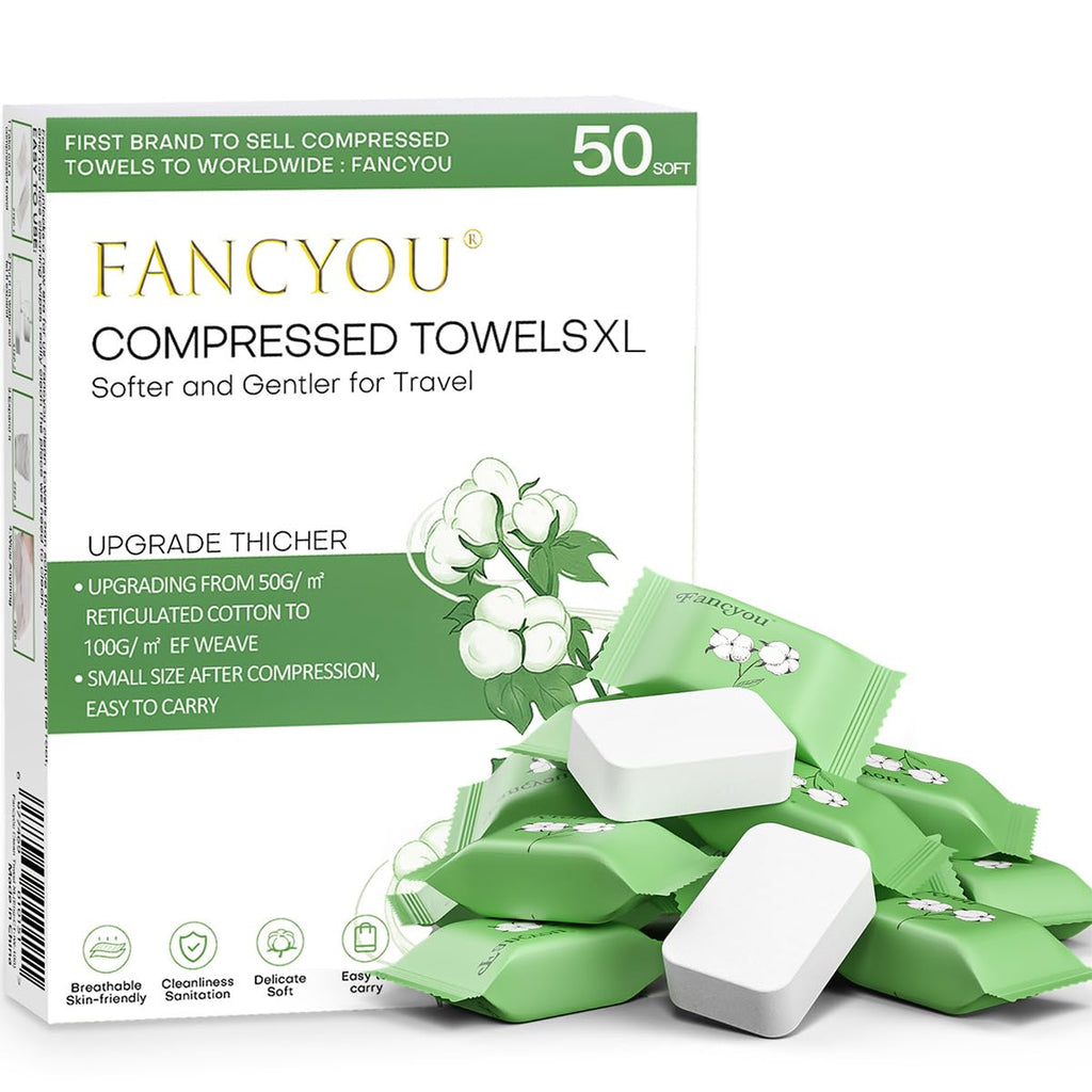 fancyou Disposable Face Towel Thicken 50 Pack Compressed Towel Tablets Reusable, Mini Disposable Facial Washcloths Compact Individually Wrapped Clean Towels for Travel Camping Beauty Home Gym (Green)