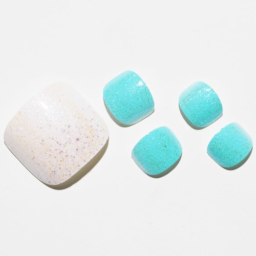 GLAMERMAID Press on Toenails, Spring Summer Glitter Azure Blue and White Gel Glue on Toe Nails, Glossy Round Toe Nails Reusable UV Finish Fake Nails Acrylic False Nails Manicure Kits for Women