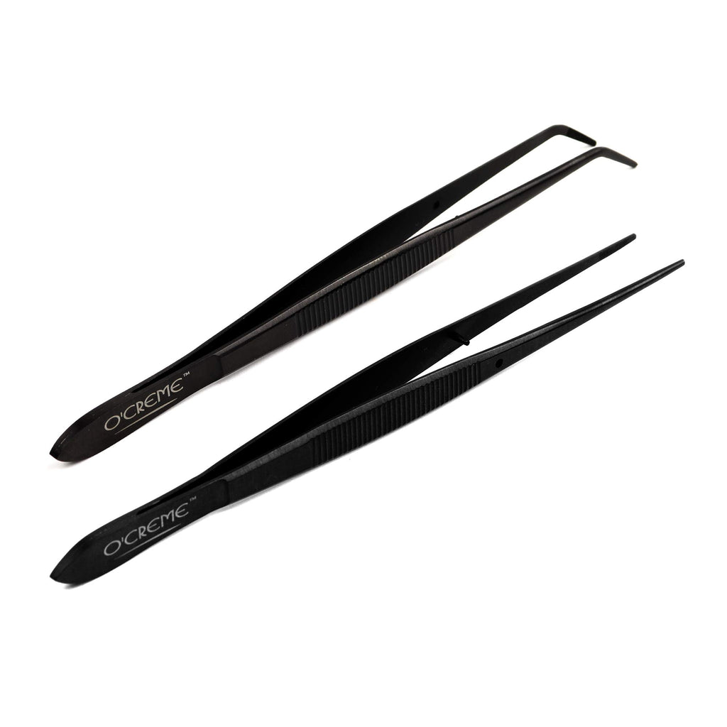 O'Creme Black Stainless Steel Precision Kitchen Culinary Fine-Tip Tweezer Tongs, 1 Curved and 1 Straight