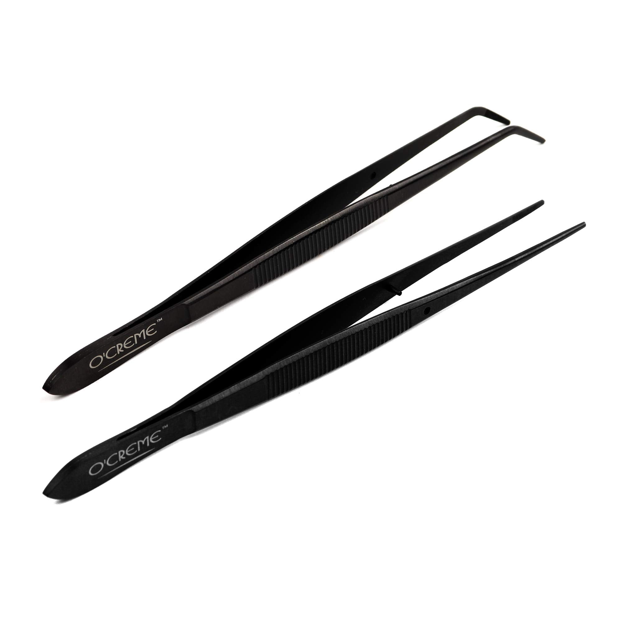 O'Creme Black Stainless Steel Precision Kitchen Culinary Fine-Tip Tweezer Tongs, 1 Curved and 1 Straight