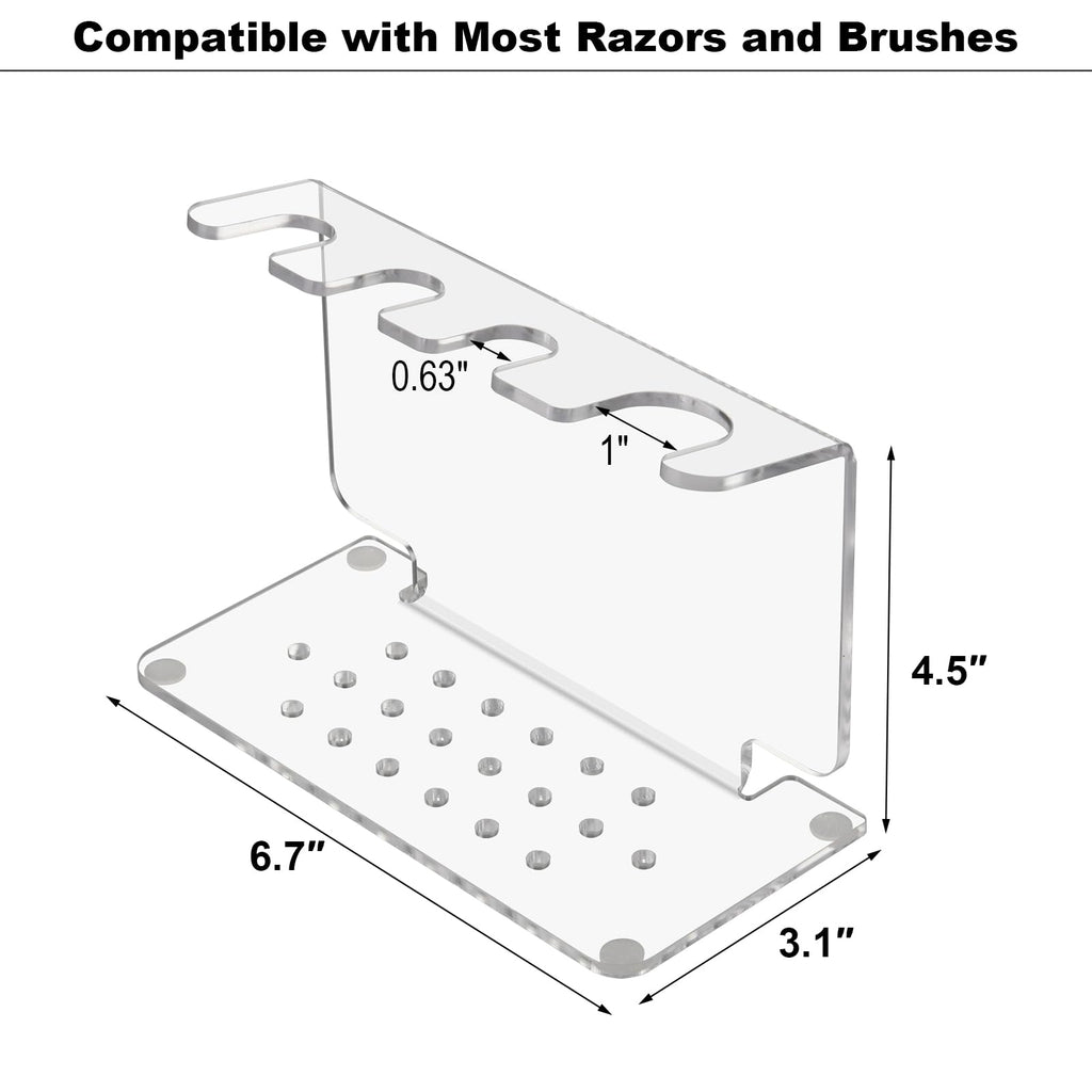 Beautyflier Safety Razor Stand, Clear Acrylic Razor Holder and Shaving Brush Stand, Men's Travel Shaver Stand Compatible with Most Razors and Brushes, Holds 3 Razors and 1 Brush (Stand Only)
