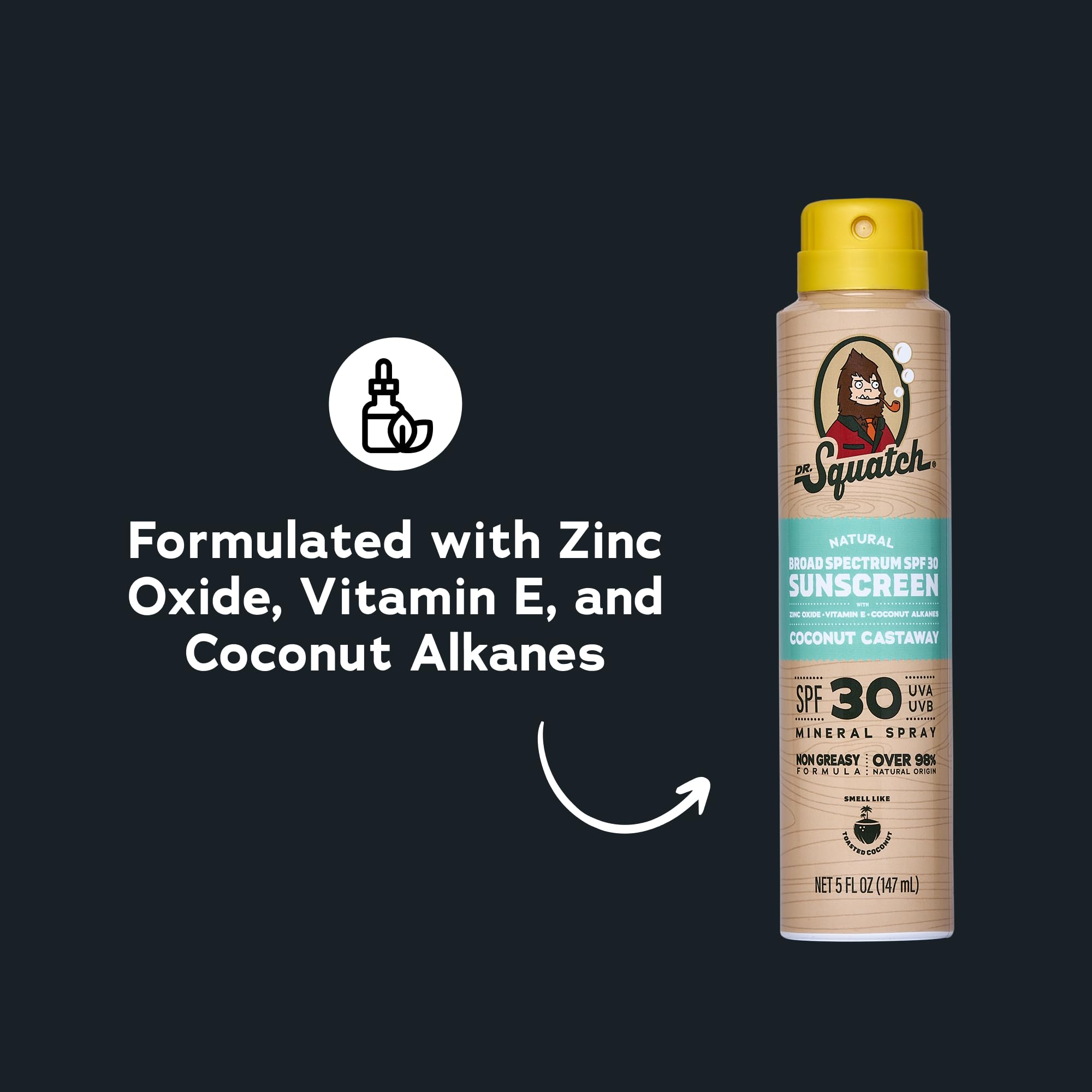 Dr Squatch Sunscreen Spray – Mineral Sunscreen for Face and Body, SPF 30, Broad Spectrum UVA/UVB Protection – Zinc Oxide, Lightweight Non-Greasy Formula – Coconut Castaway (5 fl oz)