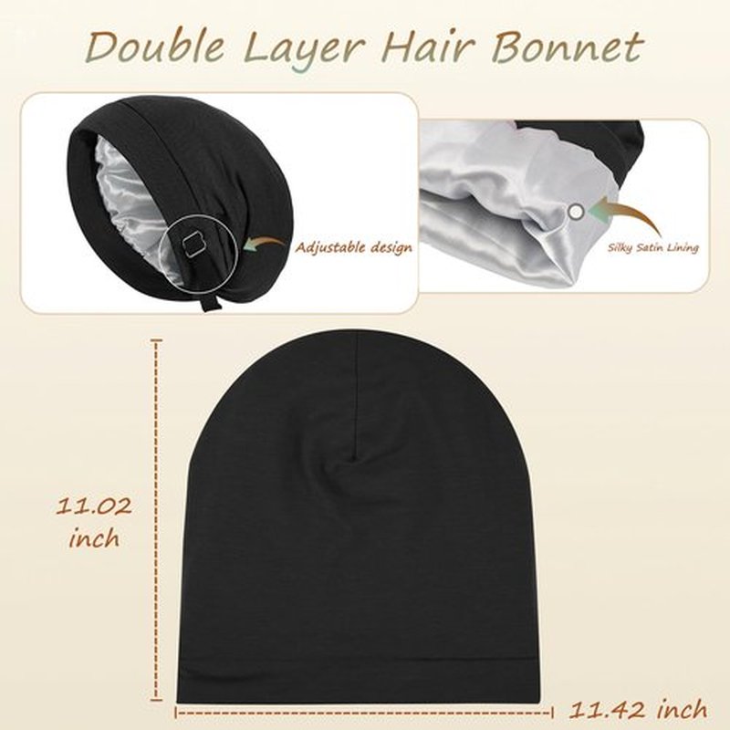 Adjustable Stay on All Night Satin Lined Sleep Bonnet, Slouchy Slap Cap for Women Men, Non-Slip Silk Feel Beanie for Curly, 4C & 3C Natural Hair Protection, Black