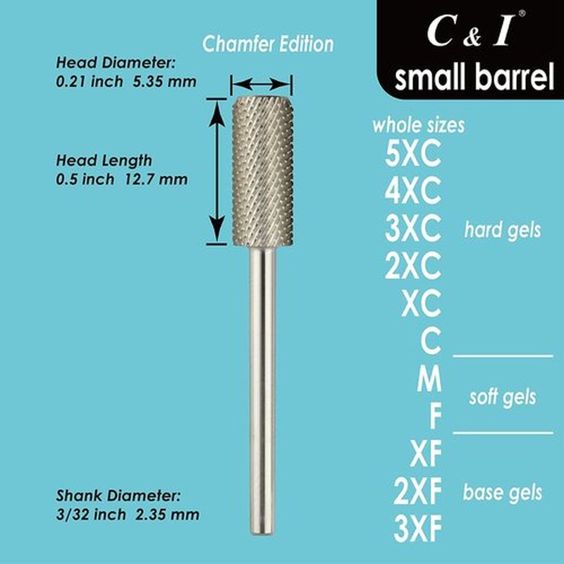 C & I Small Barrel Nail Drill Bit, Chamfer Edition, Professional Electric Nail File for Manicure Drill Machine, Remove Nail Gels, Acrylics, 3/32” (Medium -M)