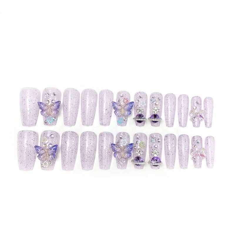 Purple Press on Nails Medium Coffin Fake Nails with Butterfly Bow Rhinestones Star Designs 3D Charm Decoration Handmade Nails Press ons Glitter Acrylic Glue on Nails for Women 24 Pcs