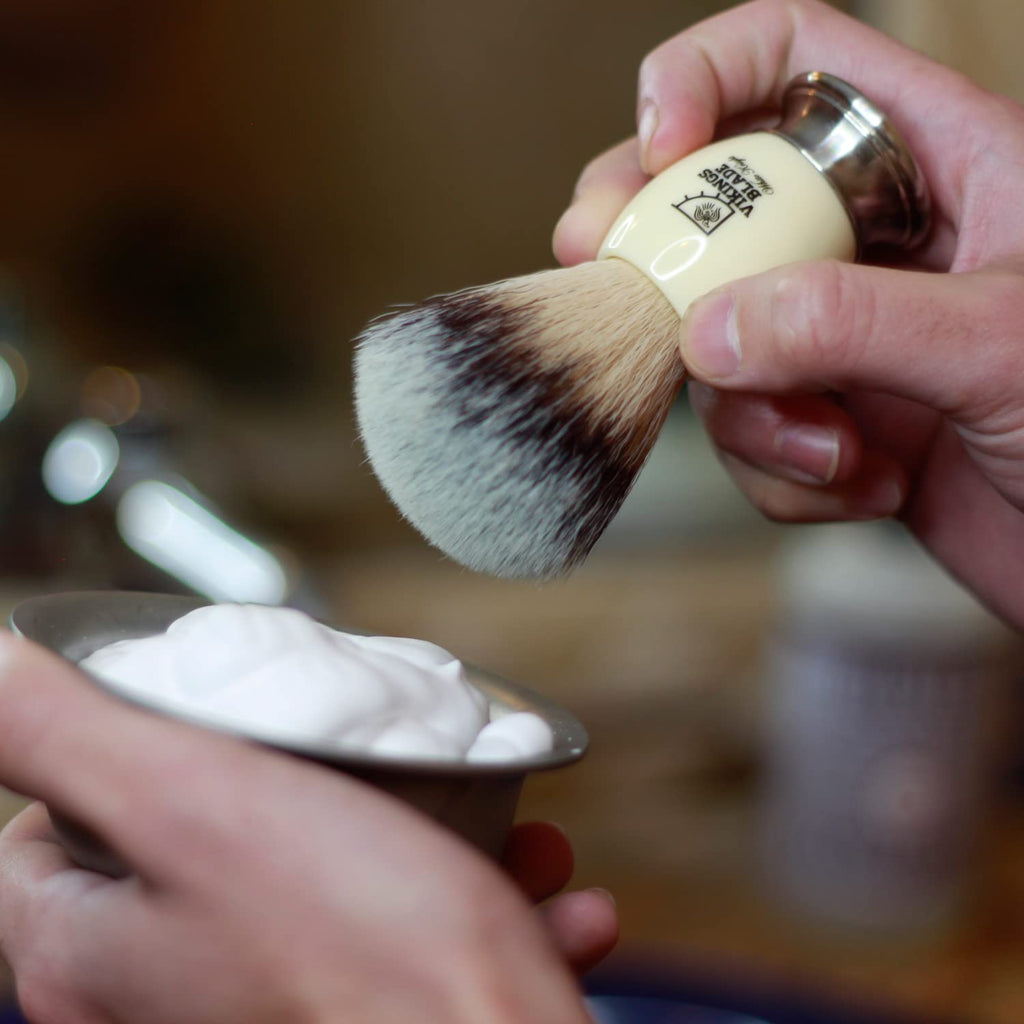 Luxury Shaving Brush for Men by VIKINGS BLADE, Ultra Heavy Acrylic & 316L Steel Handle, Super Strong Knot Backbone, Minimal Shedding, Fast Lather, Extremely Smooth & Plush on Skin (White Knight)