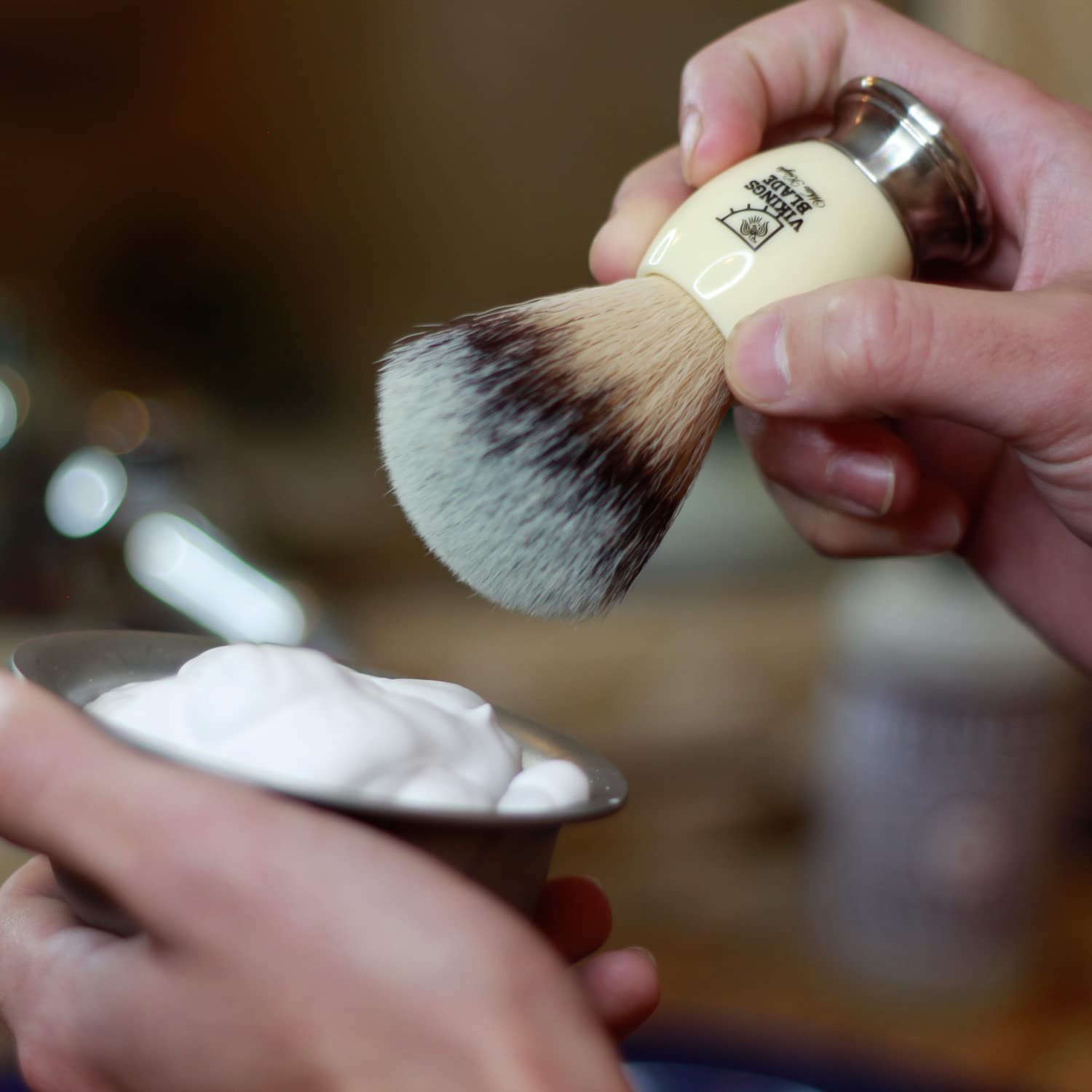 Luxury Shaving Brush for Men by VIKINGS BLADE, Ultra Heavy Acrylic & 316L Steel Handle, Super Strong Knot Backbone, Minimal Shedding, Fast Lather, Extremely Smooth & Plush on Skin (White Knight)