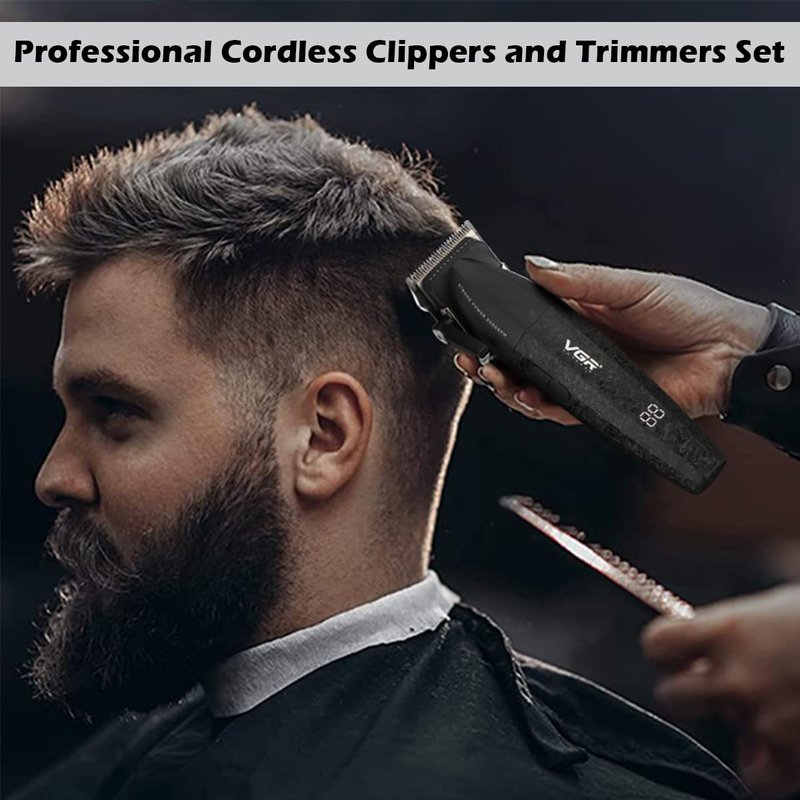 VGR 640 Professional Hair Clippers for Men, 9000RPM Cordless Barber Clippers and Trimmers Set, Zero Gap T-Blade Hair Cutting Kit, DLC Coated Ceramic Blade Barber Kit with LED Display(Black)
