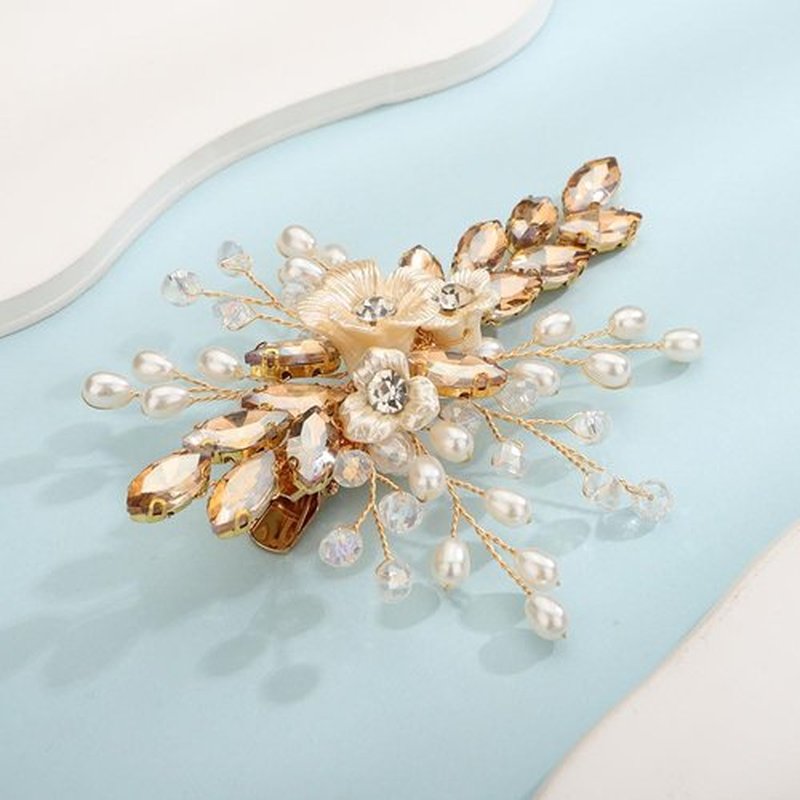 Rumtock Pearl and Flower Gold Champagne Hair Clip for Wedding Brides Bridesmaid Flower Girls Handmade Hair Piece (Champagne)