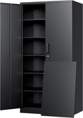 Yizosh Metal Storage Cabinet - 72" Lockable Garage Cabinet with 2 Doors & 5 Adjustable Shelves, Black Steel