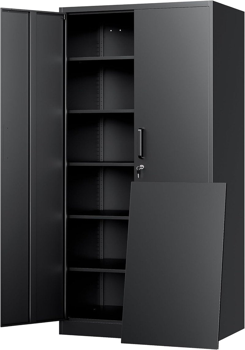 Yizosh Metal Storage Cabinet - 72" Lockable Garage Cabinet with 2 Doors & 5 Adjustable Shelves, Black Steel