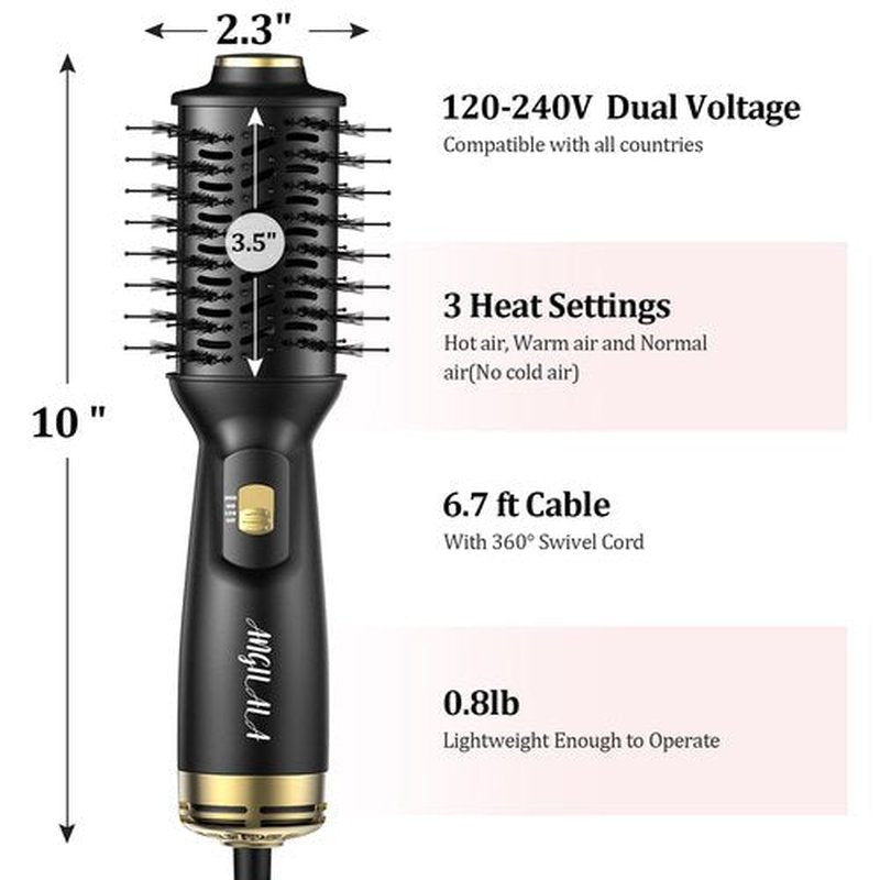 ANGILALA Dual Voltage(100~250V) Mini Hair Dryer Brush with European Plug Adapter for International Travel, Europe Travel Essentials for Women