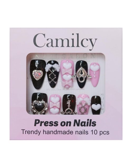 CAMILCY Press on Nails Handmade Nails Luxury Reusable Fake Nails For Girls Short Almond Armor Black Pink Diamonds HandPainted Salon Loveful Design Acrylic Gel UV Finished For Women 3D Nails 10PCS M
