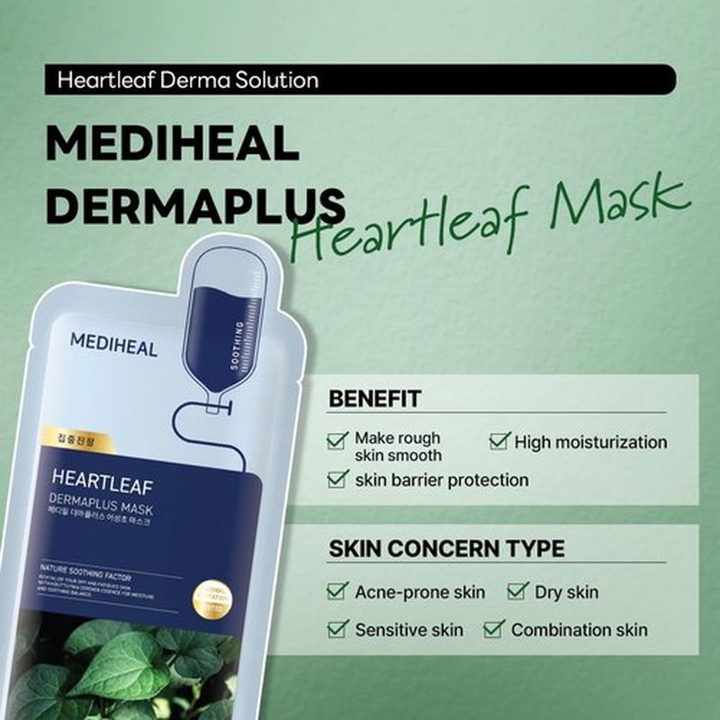 Mediheal Dermaplus Heartleaf Mask - Vegan Soothing Sheet Mask with Panthenol & Hyaluron | 10 Counts