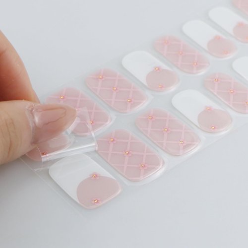 JMEOWIO Gel Nail Stickers French Tip White Pink Flower Semi Cured Gel Nail Strips Wraps UV/LED Nails Art Design Decoration Accessories